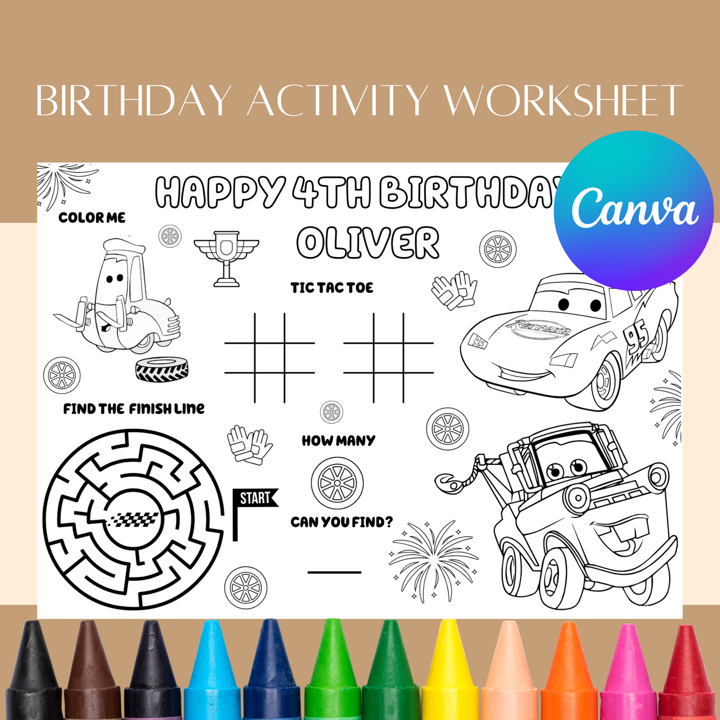 Editable Cars Theme Birthday Activity