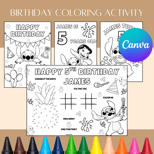 Printable Lilo & Stitch Birthday Coloring Activity – Editable Template – Digital Download