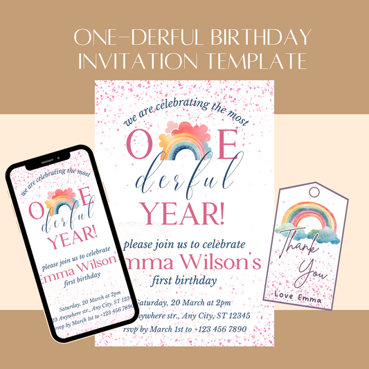 “One-derful” First Birthday Invitation Template