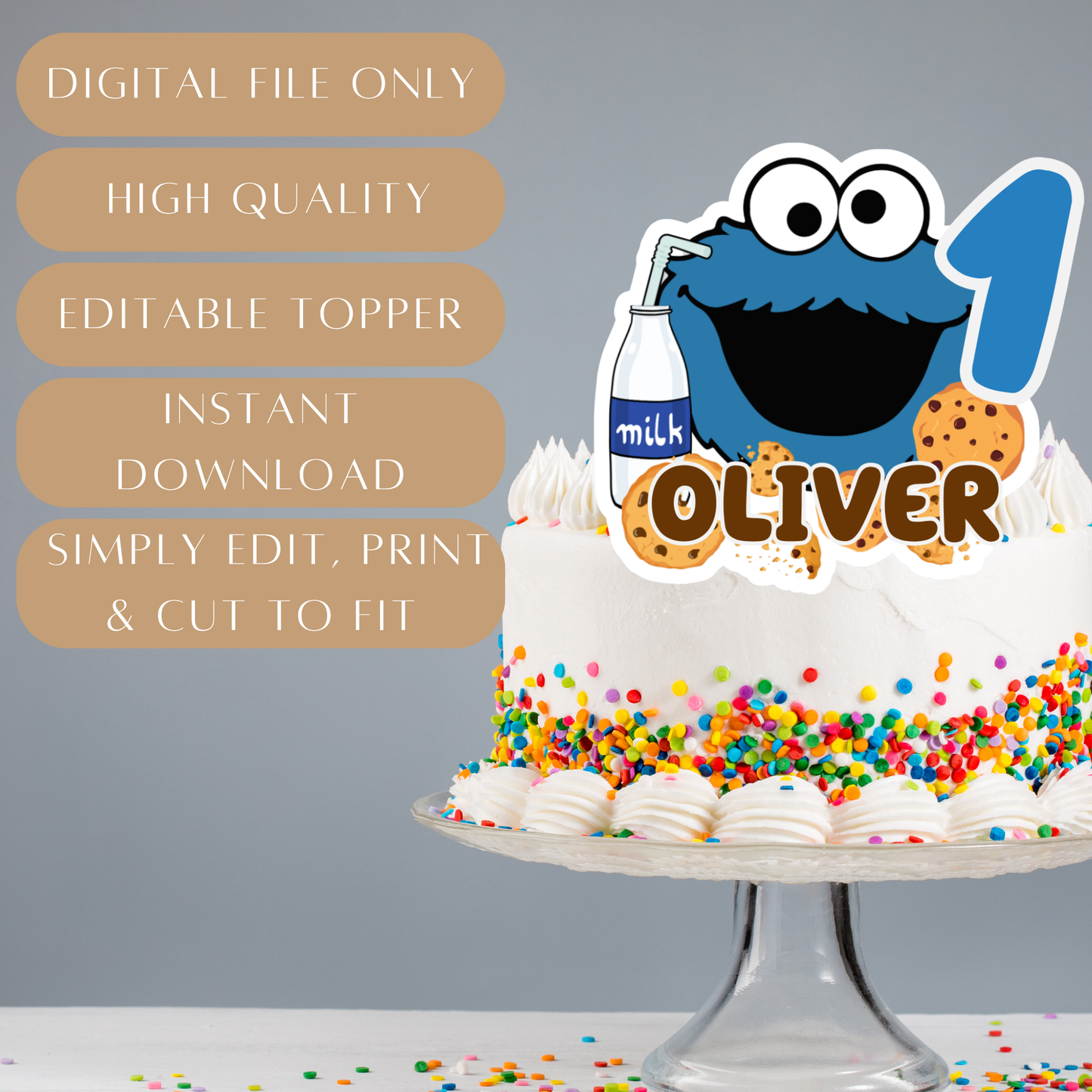 Editable Cookie Monster Cake Topper – Digital Download