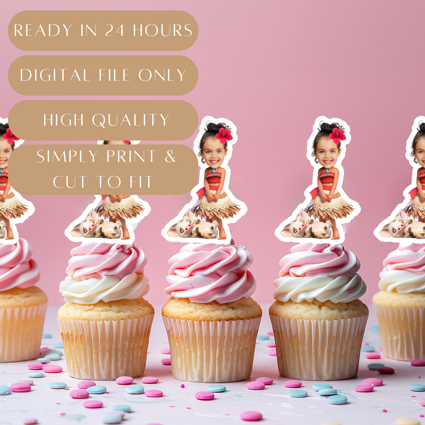 Custom Face Moana & Pua Cupcake Topper