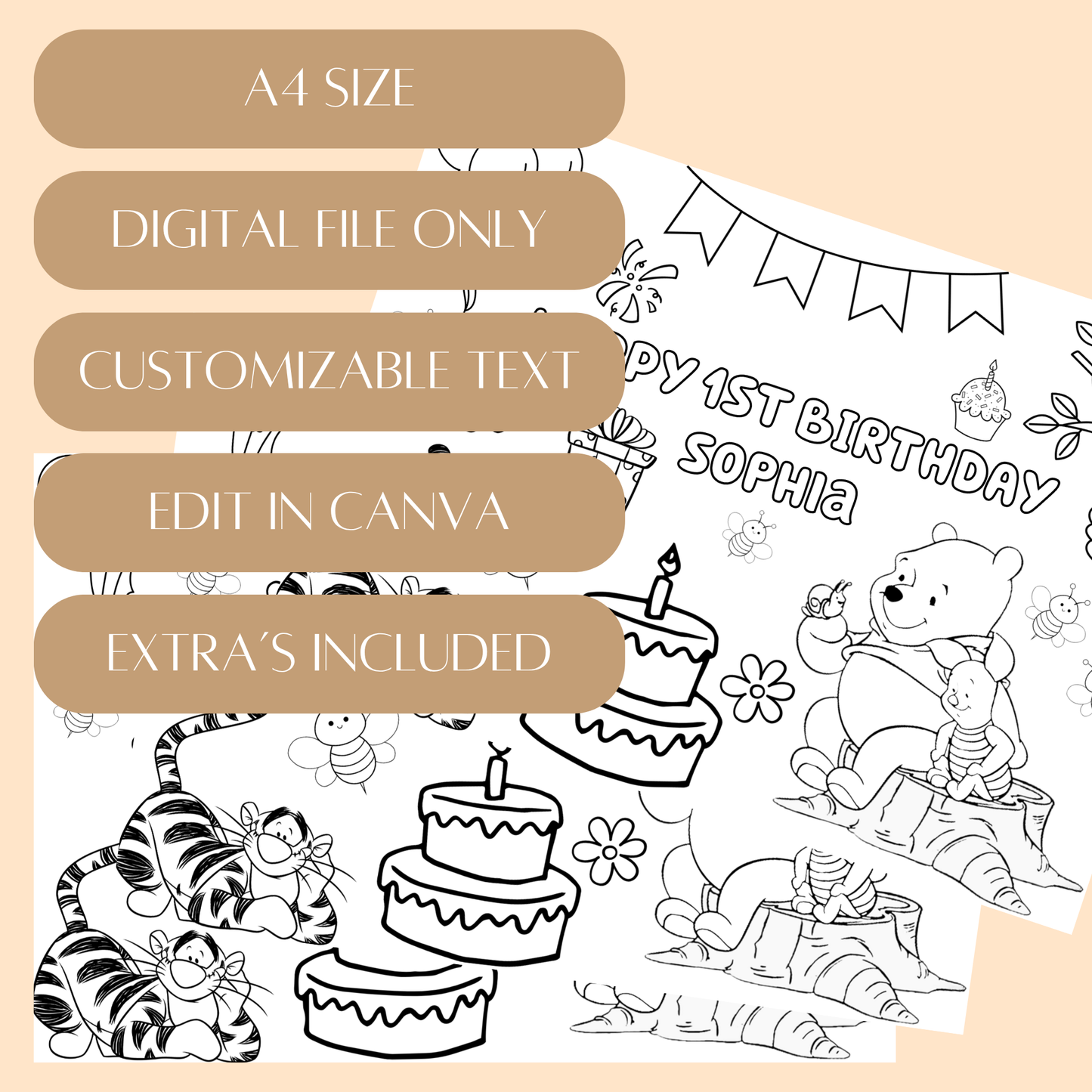 Editable Winnie the Pooh Birthday Coloring Activity – Digital Download