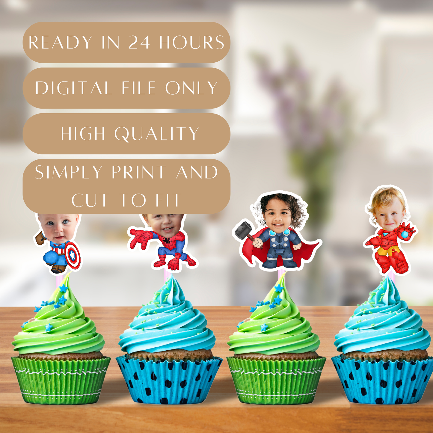 Custom Face Avengers Cupcake Toppers – Personalized Birthday Fun!