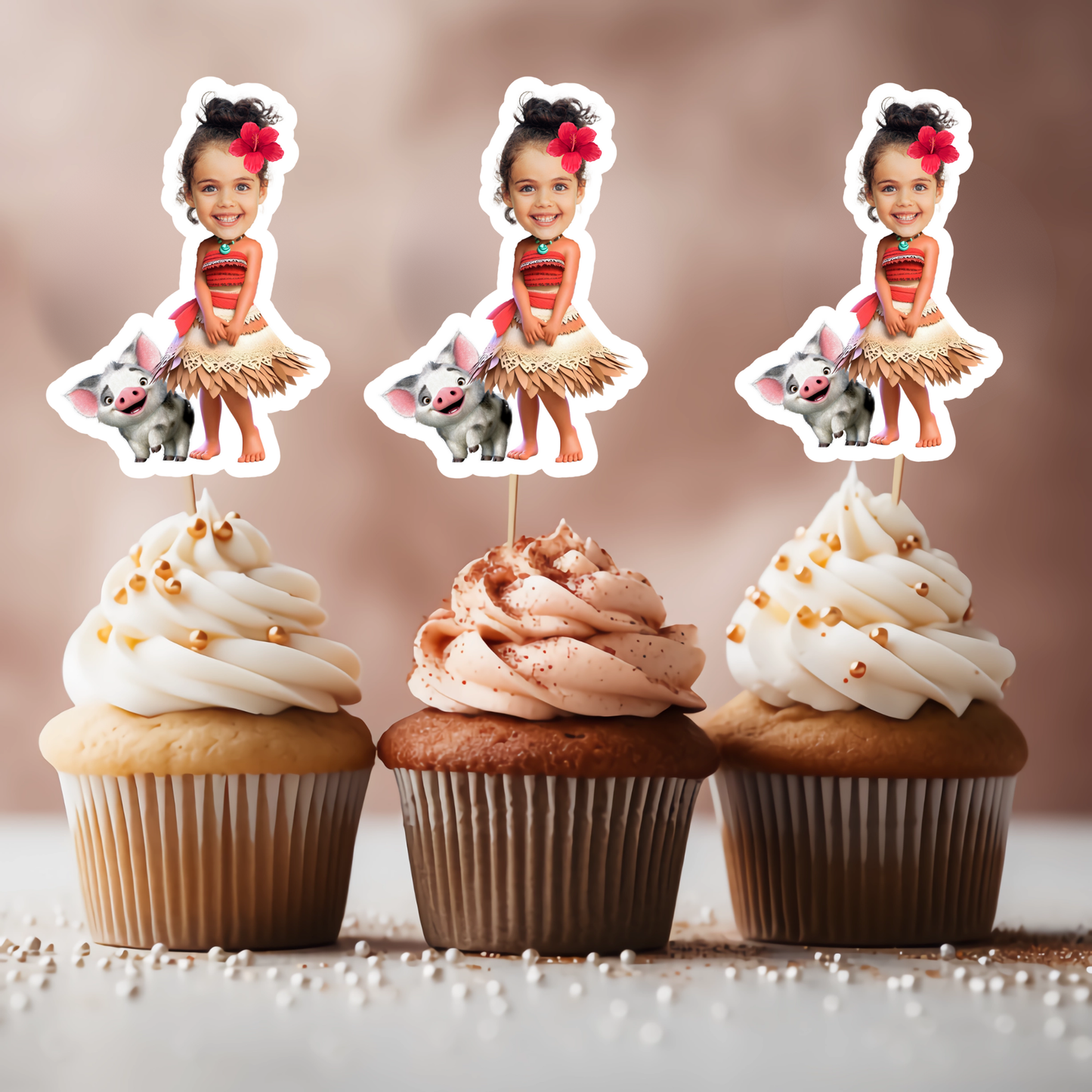 Custom Face Moana & Pua Cupcake Topper