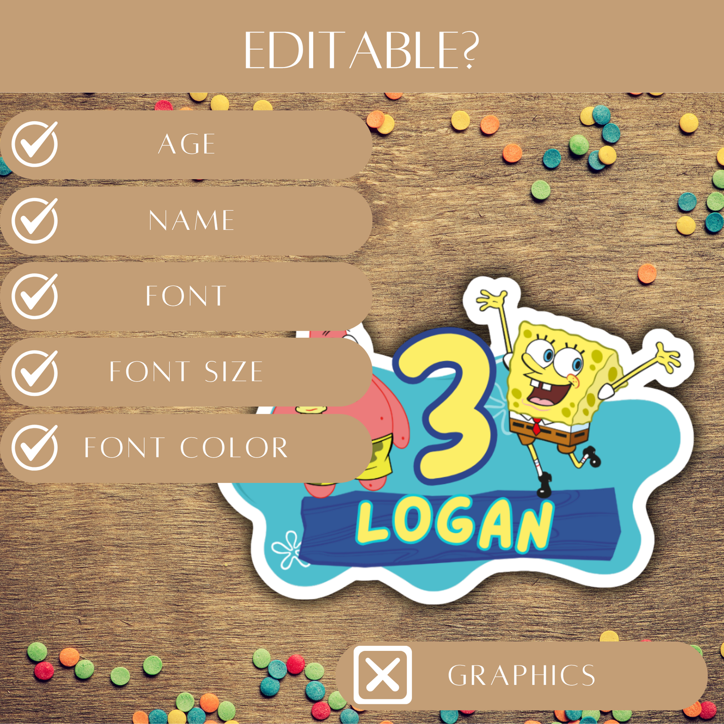 Editable SpongeBob Cake Topper – Digital Download