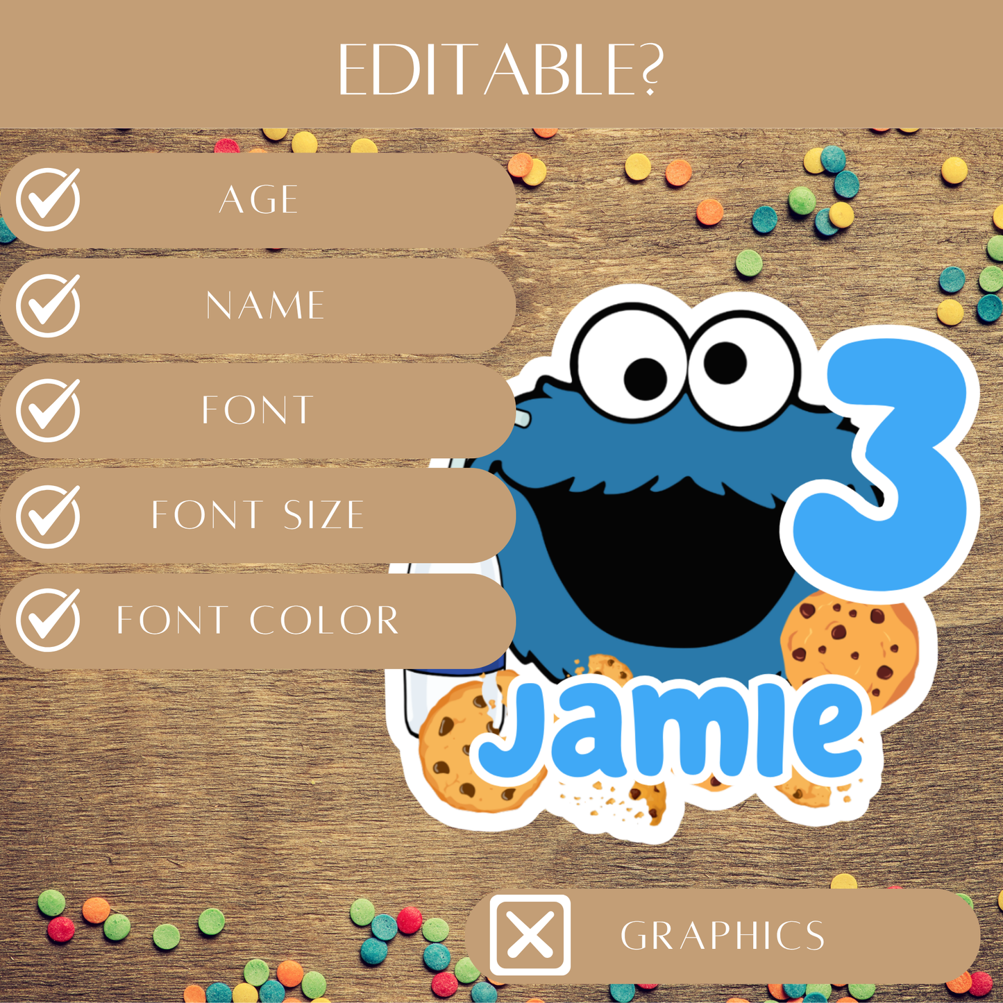 Editable Cookie Monster Cake Topper – Digital Download