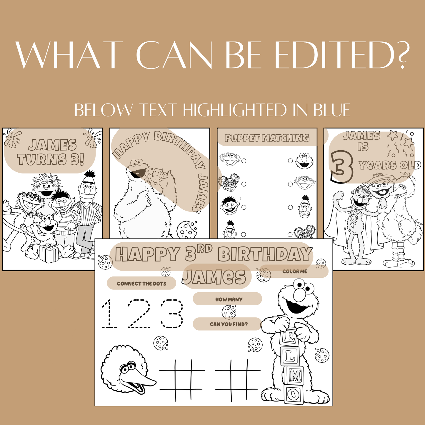 Editable Sesame Street Birthday Coloring Pages – Digital Download