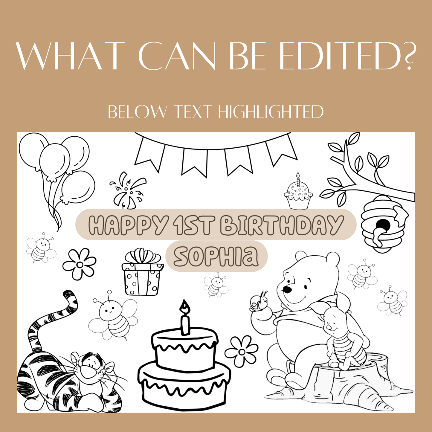 Editable Winnie the Pooh Birthday Coloring Activity – Digital Download