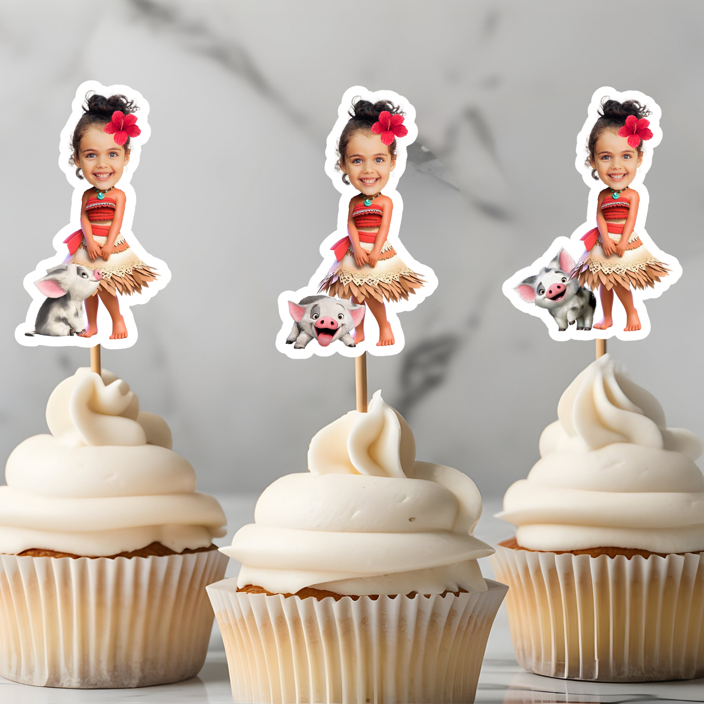 Custom Face Moana & Pua Cupcake Topper