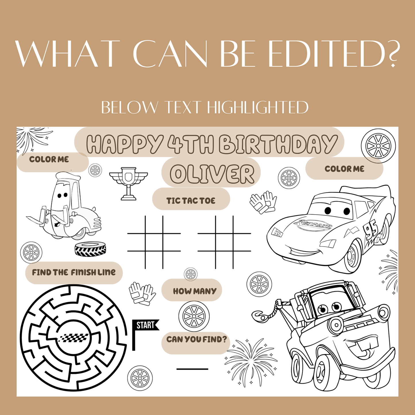 Editable Cars Theme Birthday Activity