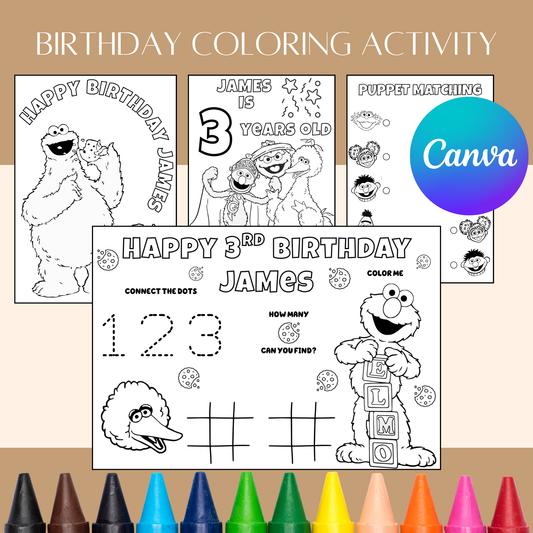 Editable Sesame Street Birthday Coloring Pages – Digital Download