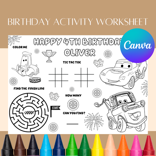 Editable Cars Theme Birthday Activity