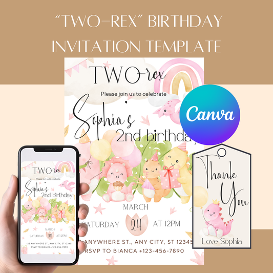 “Two-Rex” Dinosaur Birthday Invitation Template