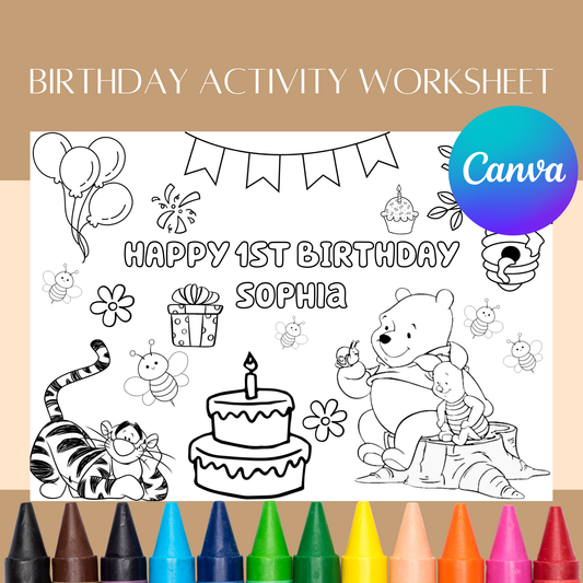 Editable Winnie the Pooh Birthday Coloring Activity – Digital Download