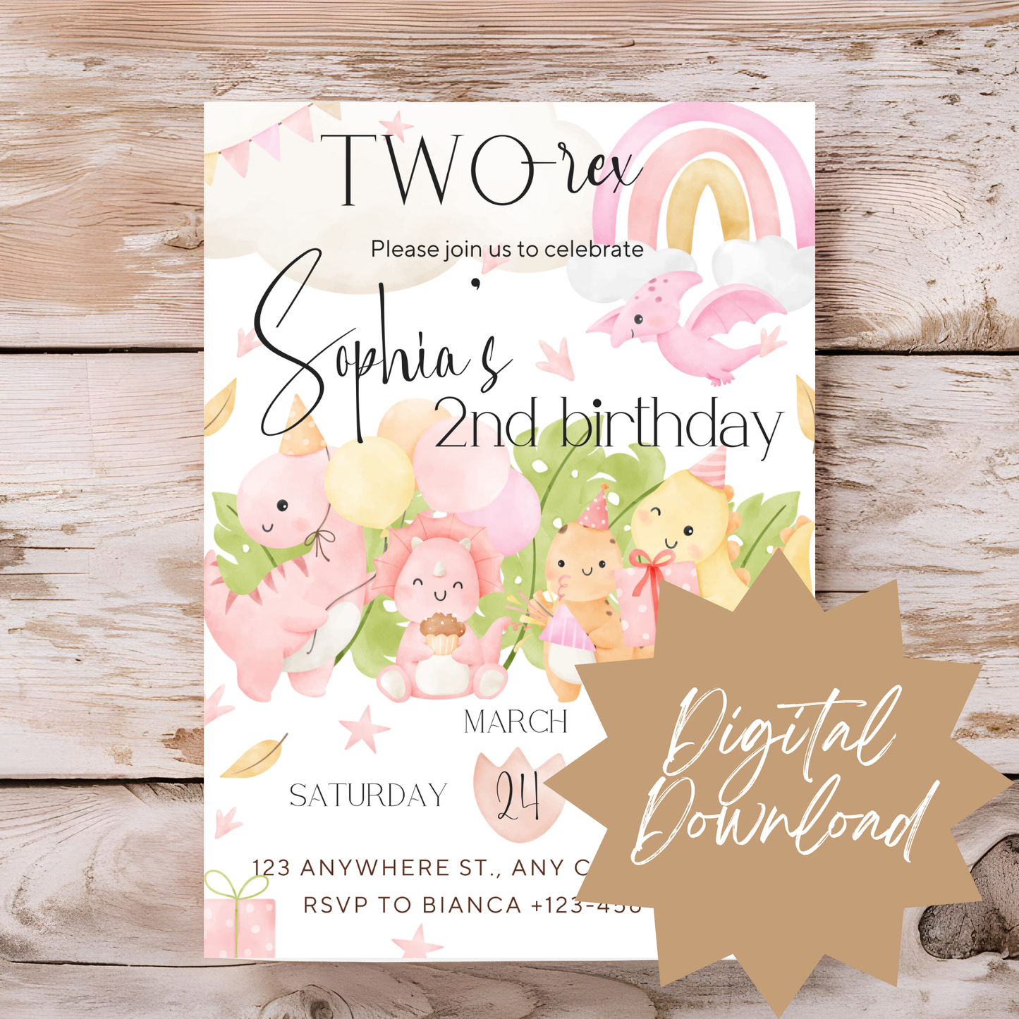 “Two-Rex” Dinosaur Birthday Invitation Template