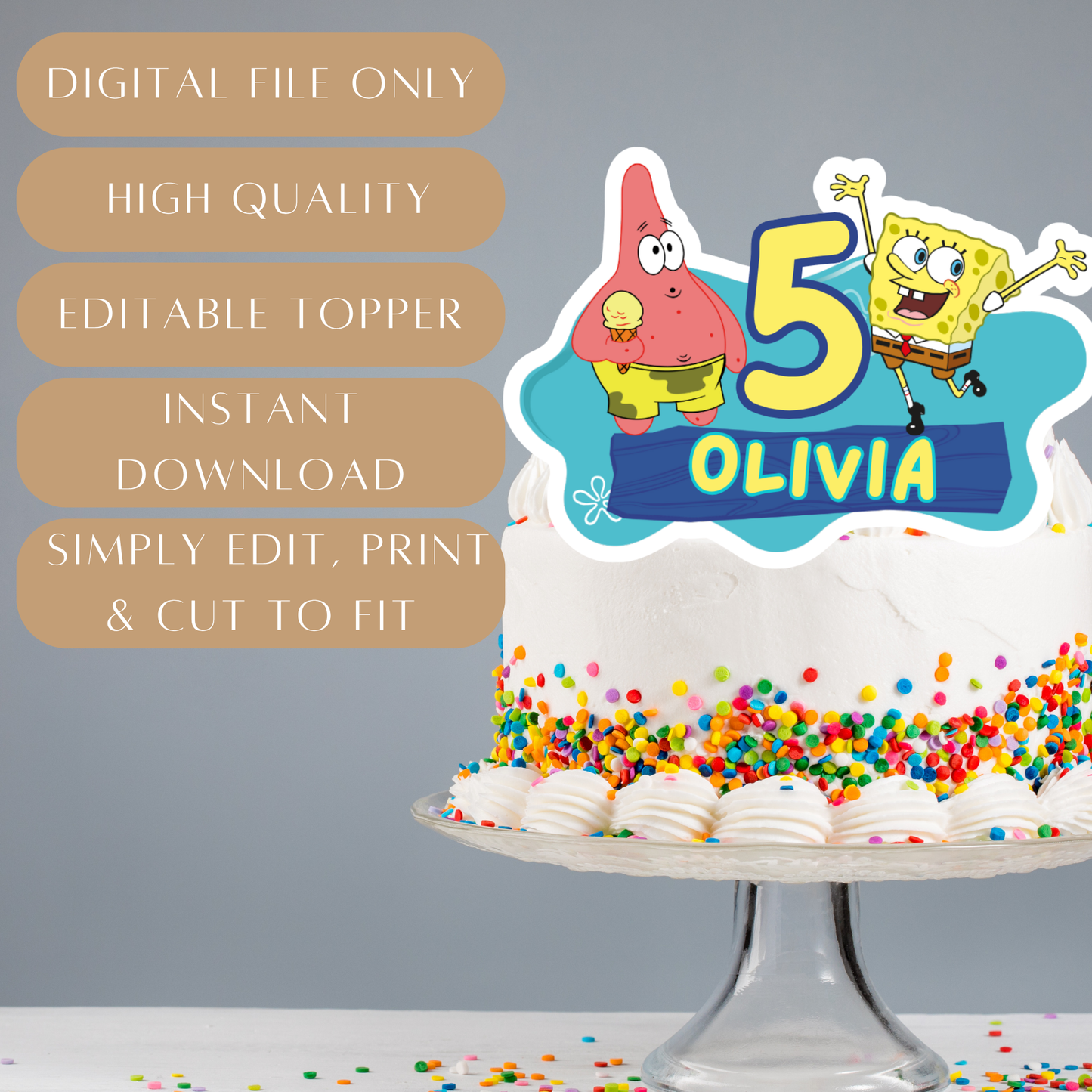Editable SpongeBob Cake Topper – Digital Download