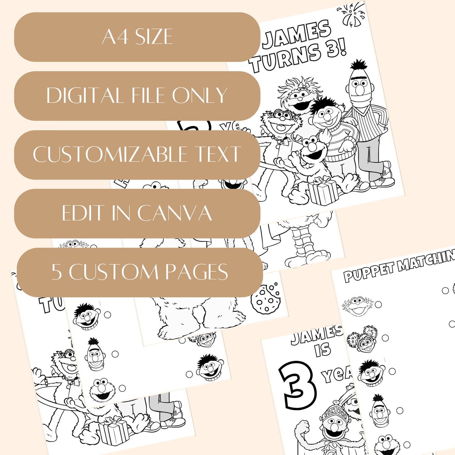 Editable Sesame Street Birthday Coloring Pages – Digital Download