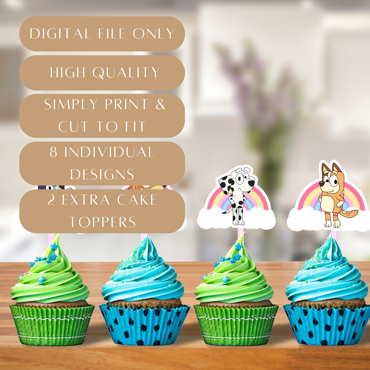 Printable Rainbow Bluey Cupcake Toppers