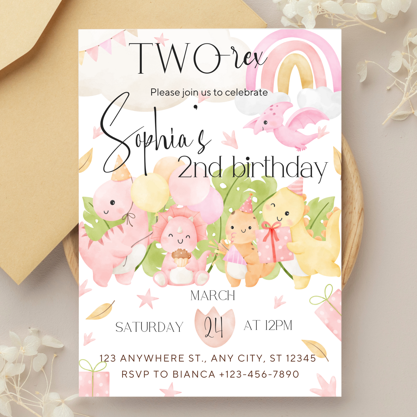 “Two-Rex” Dinosaur Birthday Invitation Template